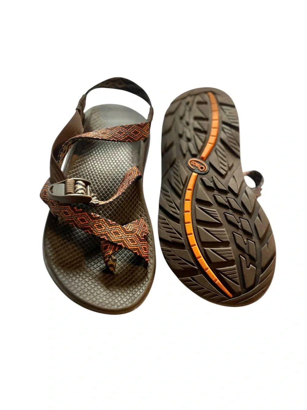 Chacos Men’s Sz 8 Brown/Orange Diamond Strappy Outdoor Sandals Hiking Gorpcore.